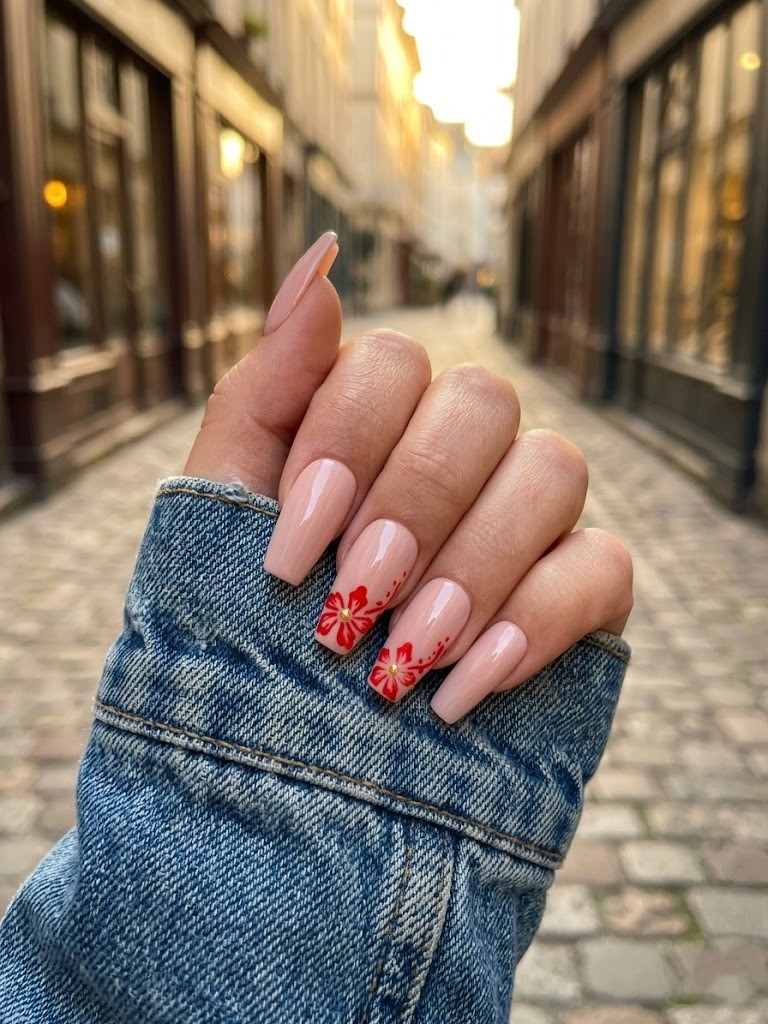 image Press-On Nails "Rosy Scarlet Bloom" – Forme Coffin M Tany Mena